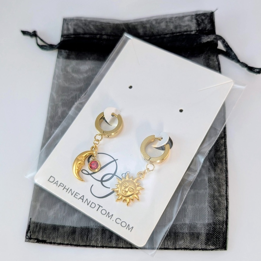 Sun & Moon Birthstone Huggie Hoop Earrings - Handmade